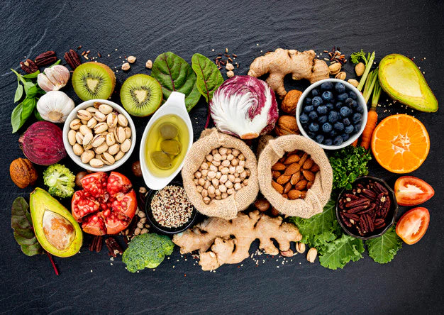 Fruits, vegetables and grains kept in bowl and sacks | biotin rich foods for hair growth